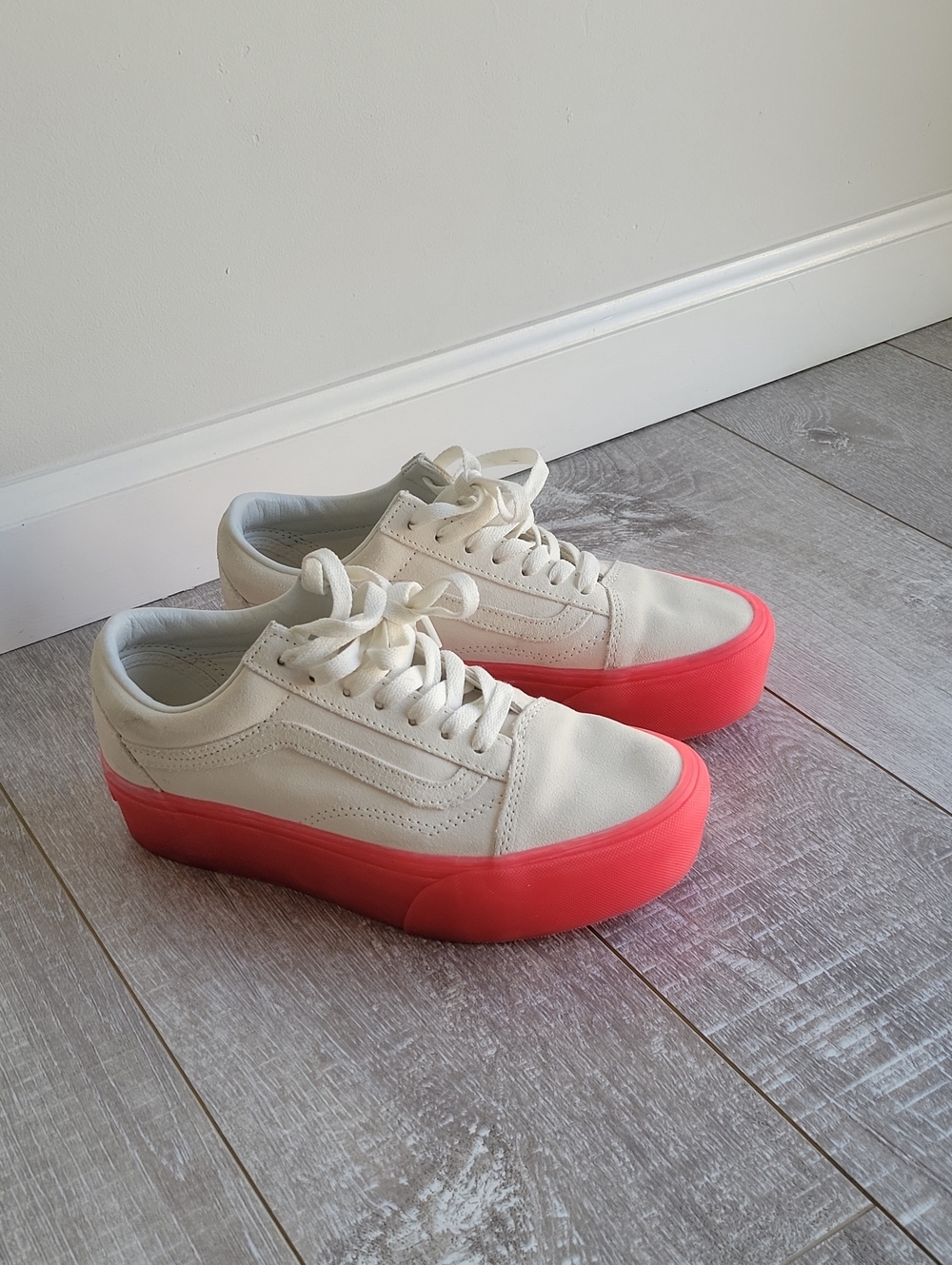 Vans Off-White Canvas Sneakers with Bright Coral Pink Platform